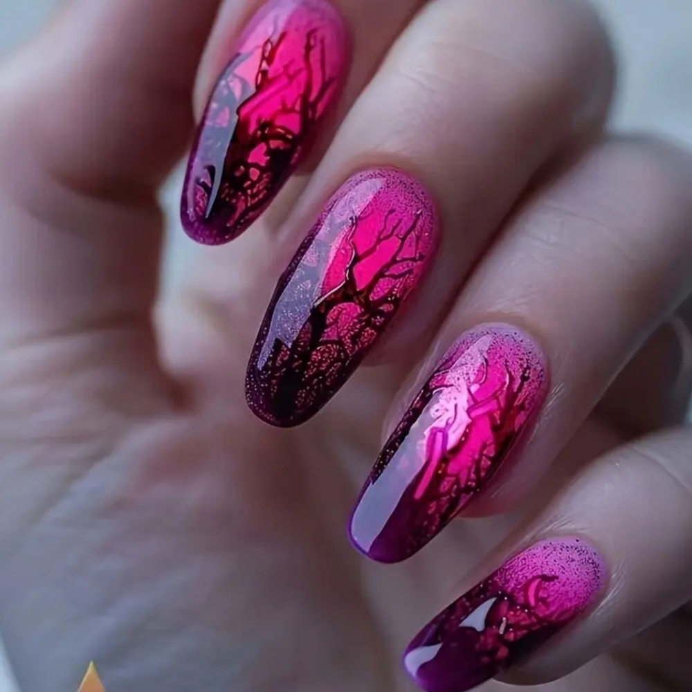 Hot Pink-Purple Ombre Reusable Press On Nails W/Twisted Tree Branch Design (OS)
